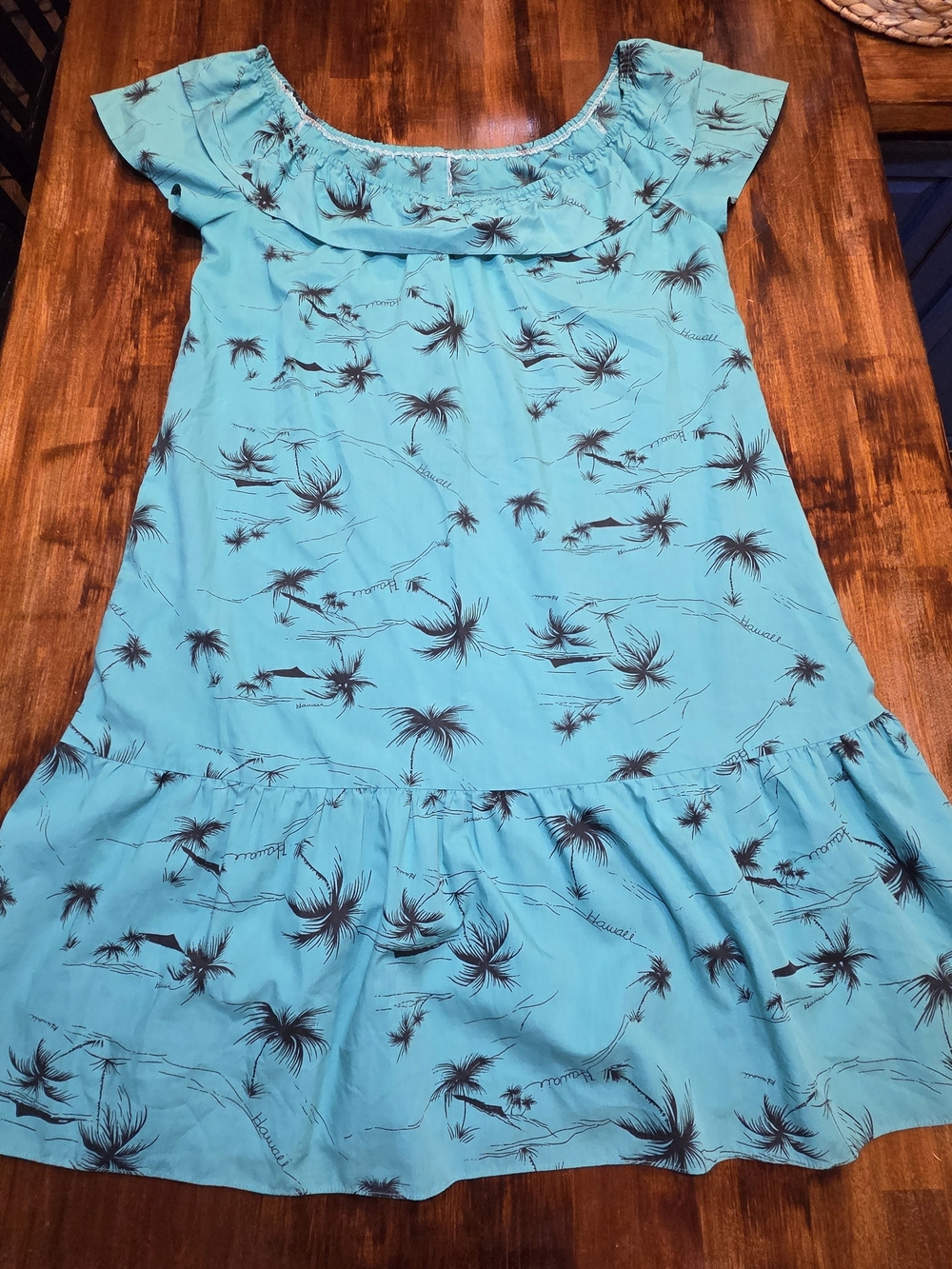 Vintage Hilo Hattie Turquoise Swing Dress L Hawaii and Palm Tree Print Hippie